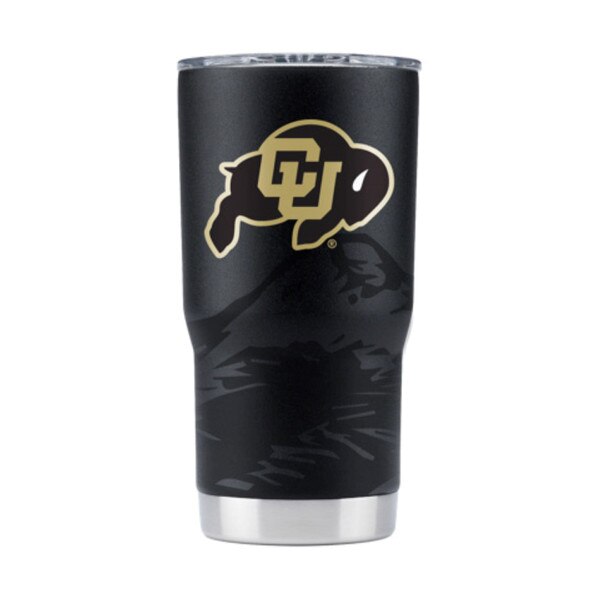 A black powder coat tumbler with glossy mountains and a C-U buffalo logo on the front and a removable lid on the top.