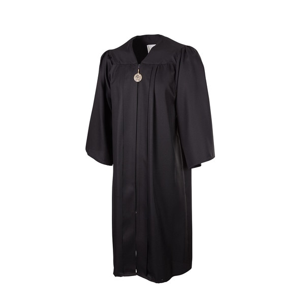 A black zip up graduation gown with a medallion seal charm attached to the zipper.