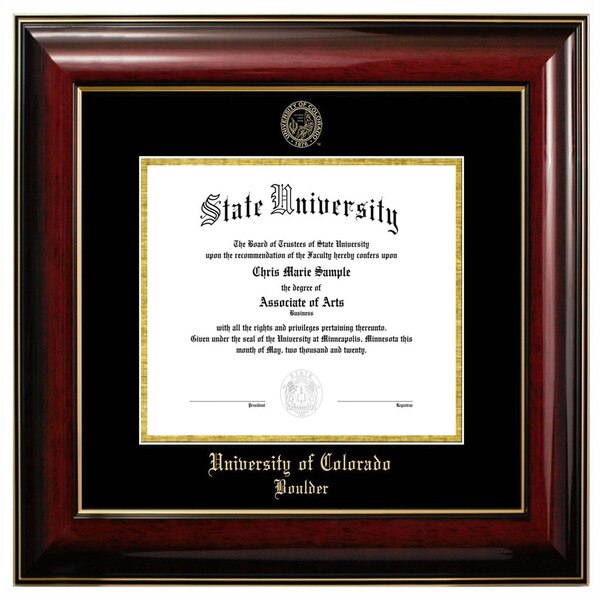 Mahogany diploma frame with gold-accented trim, University of Colorado Boulder text in gold at the bottom, and an embossed gold seal at the top.