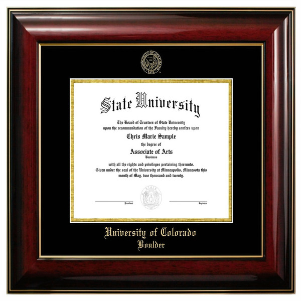 A mahogany diploma picture frame with a gold medallion seal on the top and "University of Colorado Boulder" in gold script on the bottom.