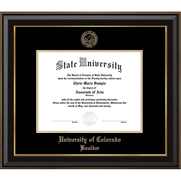 A black diploma picture frame with a gold medallion seal on the top and "University of Colorado Boulder" in gold script on the bottom.