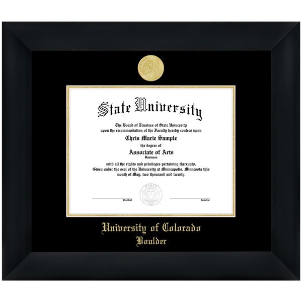 A black diploma picture frame with a gold foil medallion seal on the top and "University of Colorado Boulder" in gold script on the bottom.