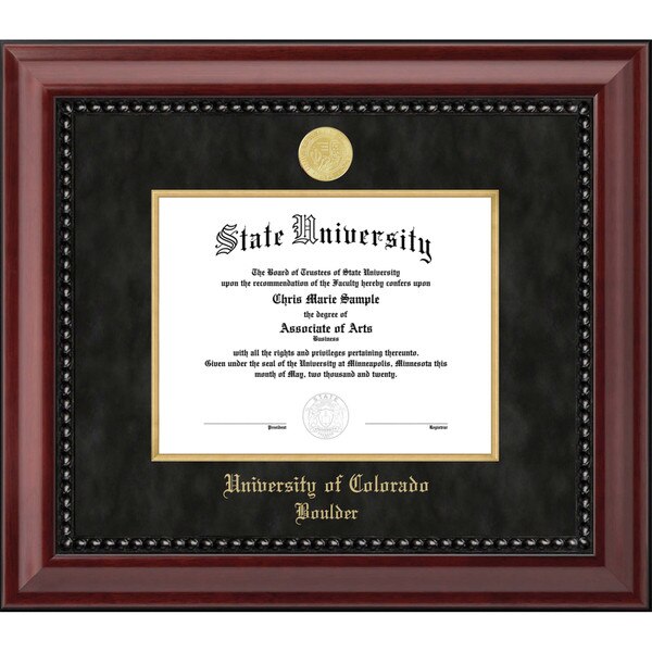 A mahogany diploma picture frame with a gold foil medallion seal on the top and "University of Colorado Boulder" in gold script on the bottom.