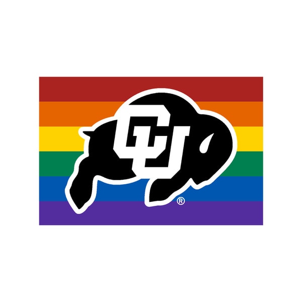 A rainbow sticker with the iconic CU Buffalo logo in black and white in the center.