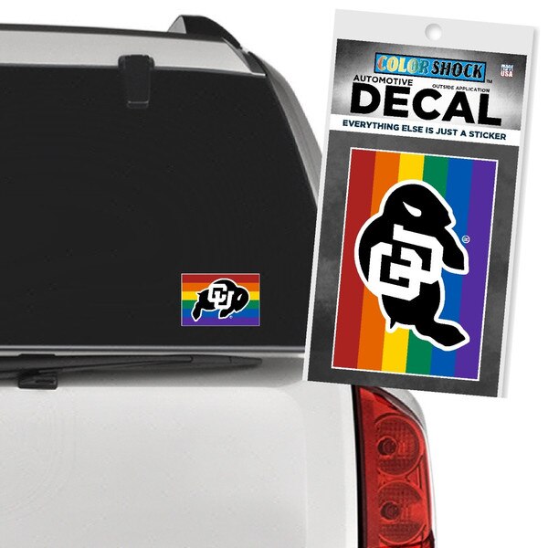 Decal of the Cu Buffalo logo in black and white, over a 6 color rainbow background.
