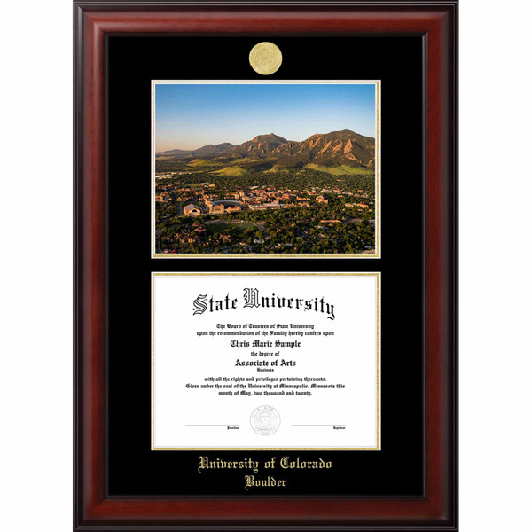 A vertical mahogany diploma picture frame with a gold foil medallion seal on the top and "University of Colorado Boulder" in gold script on the bottom, and a scenic view of C-U in between.