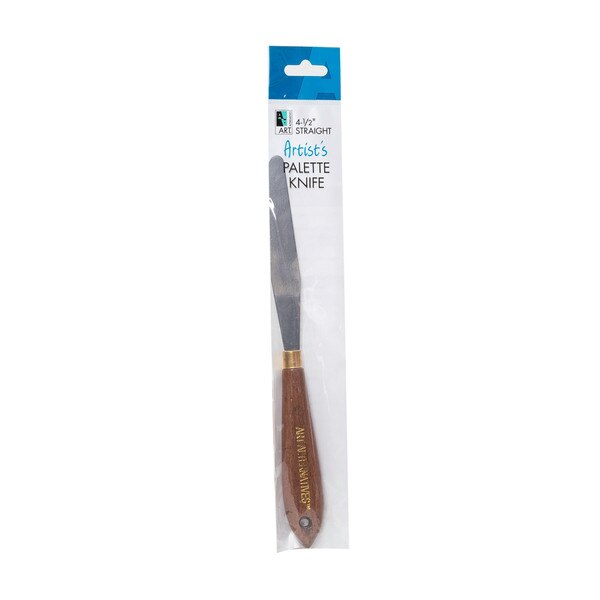 A palette knife with a wooden handle.