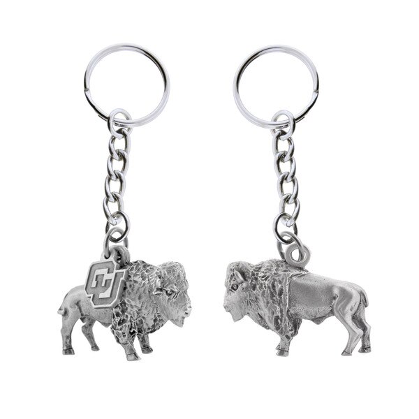 3D Buffalo keychain featuring a detailed buffalo figurine with an Interlocking CU logo charm, attached to a metal keyring by Jardine Associates