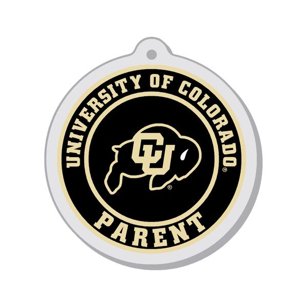 A black keychain with gold text that features "University of Colorado" arched above the iconic CU Buffalo logo and "Parent" arched below.