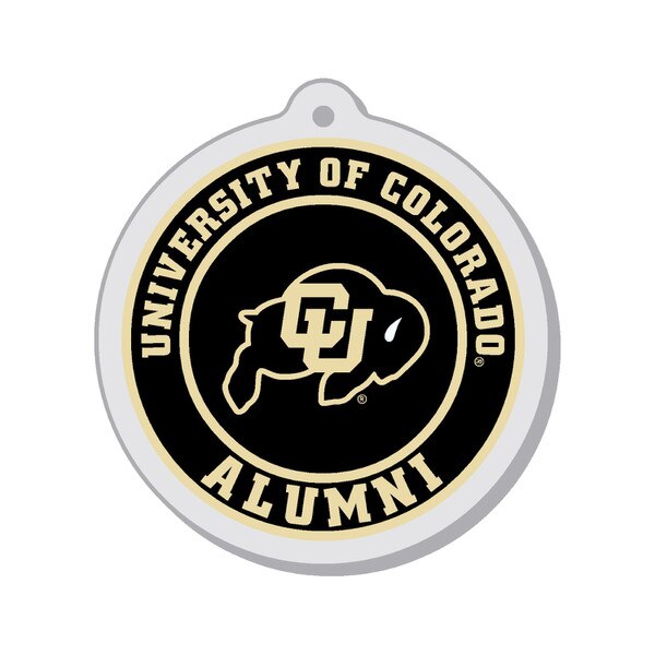 A keychain that says "University of Colorado" arched over the iconic CU Buffalo logo with "Alumni" arched underneath. The keychain is black and all of the text is in Vegas gold.