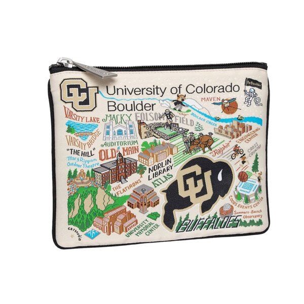 A zip pouch featuring the cu campus scene in doodles all throughout with "University of Colorado Boulder" on it.