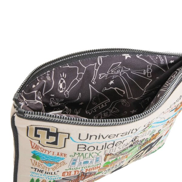 Showing the inside with a darker fabric with white doodles inside.