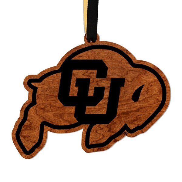 This is a cherry wood holiday ornament in the shape of the C.U. Buffalo logo. The back is undecorated and the ornament overall has a smooth finish under than the logo.
