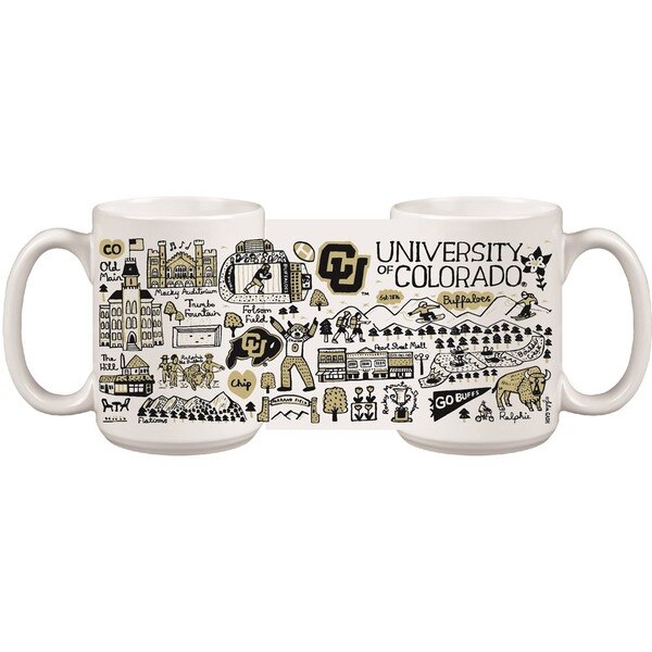 White University of Colorado mugs with black and vegas gold doodles of CU Boulder attractions.