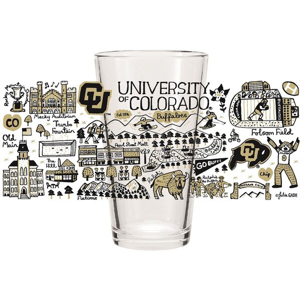 A clear University of Colorado glass with black and vegas gold doodles of CU Boulder attractions.