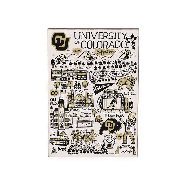 A white University of Colorado wooden magnet with black and vegas gold doodles of CU Boulder attractions.