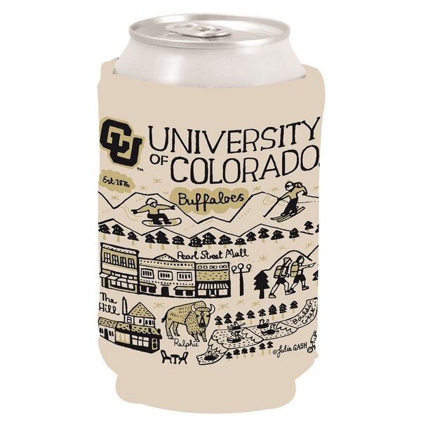 A University of Colorado can koozie with an interlocking C-U logo, featuring Julia Gash art all over it.