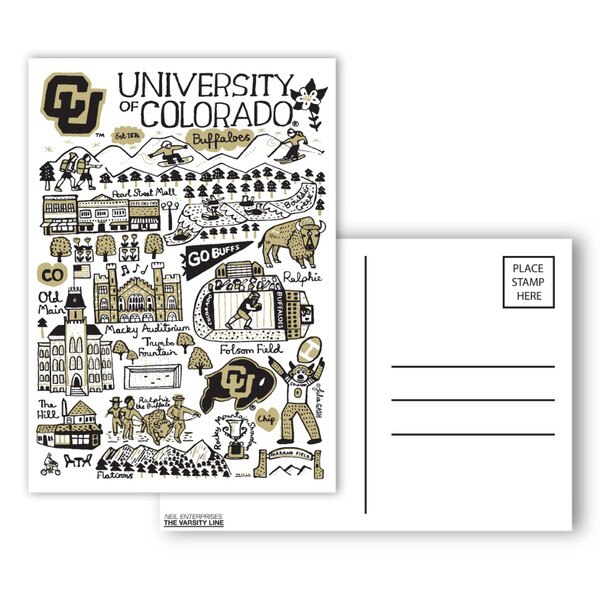 A post card with Julia Gash doodles in black and vegas gold, showcasing CU Boulder locales.