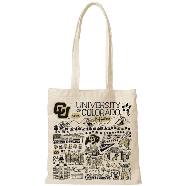 A University of Colorado canvas tote bag with black and vegas gold doodles of CU Boulder attractions.