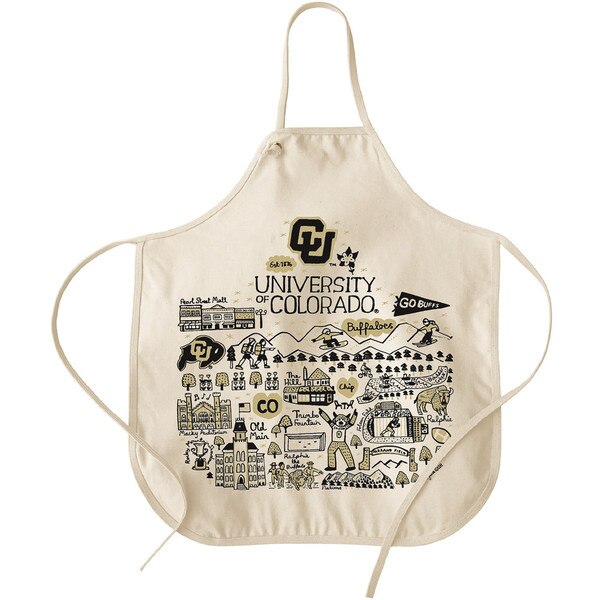 This is a beige colored kitchen apron. It adjusts via a tie back. The decoration is extensive and shows julia gash's art