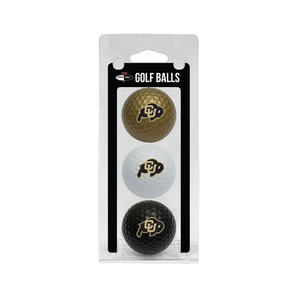 Three different colored Golf balls that feature the CU Buffalo logo. They come in Gold, Black, and White.