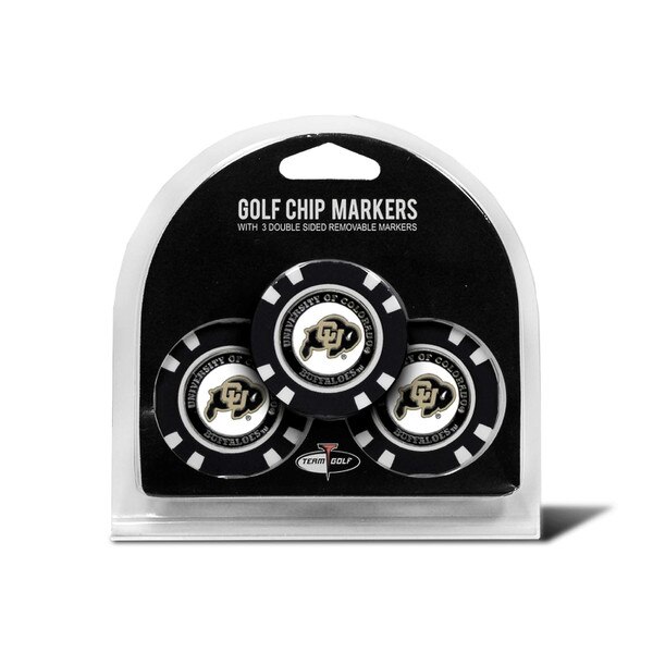 Set of three CU Buffaloes golf chip markers with removable double-sided markers, featuring black and white chips and gold logo center.