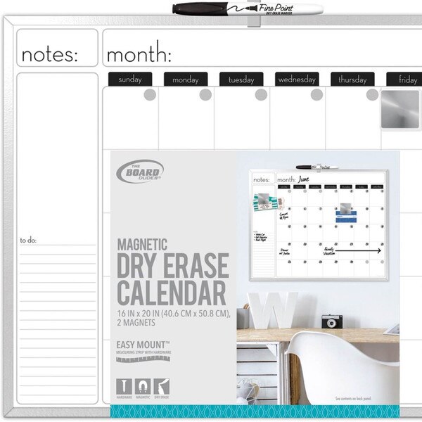 This is a white dry-erase calendar with outlining for a months worth of time. The left hand side has a notes and to-do section.