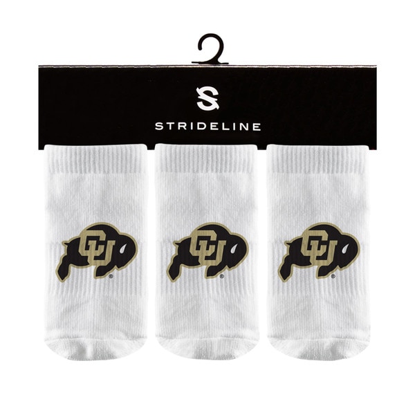 A three pack of white baby socks with the CU Buffalo logo featured prominently.