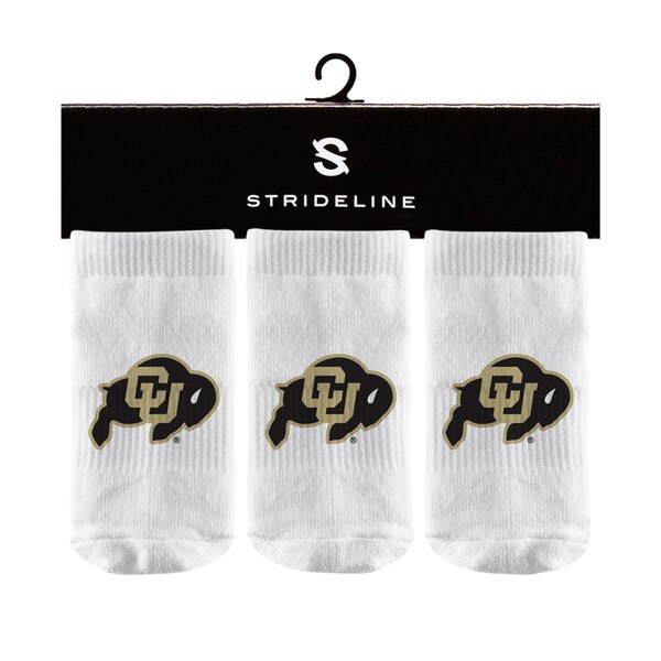 A three pack of white baby socks with the CU Buffalo logo featured prominently.
