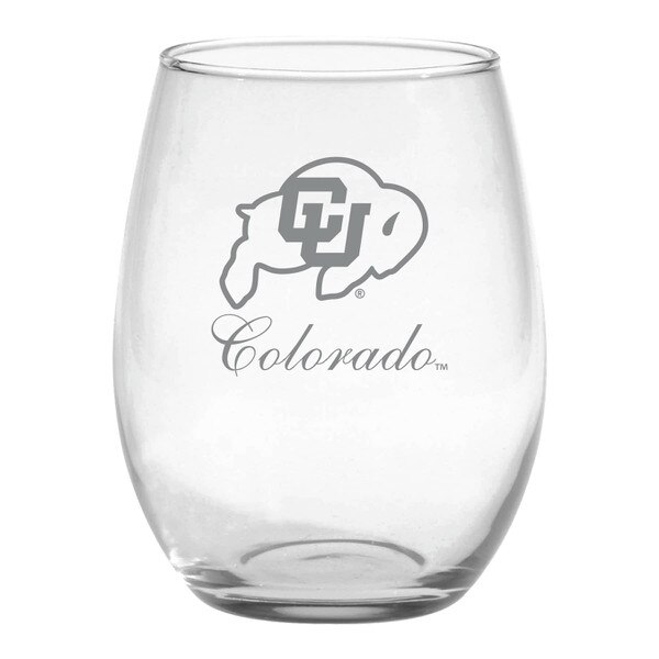 A stemless wine glass with a Buffalo logo and Colorado printed underneath.