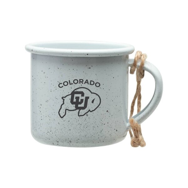 A white paint speckled miniature mug ornament with arched Colorado lettering and a CU Buffalo logo on it tied together with a string for hanging.