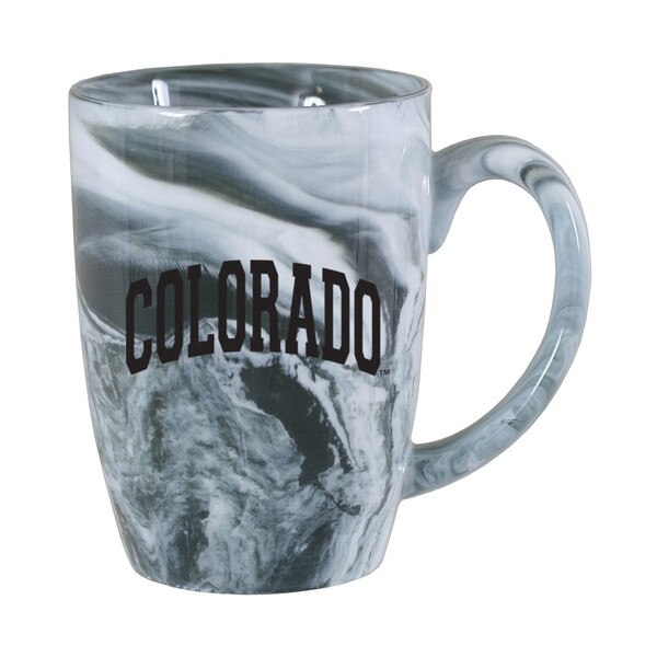 a black and white marbled patterned mug with arched colorado in bold black lettering.