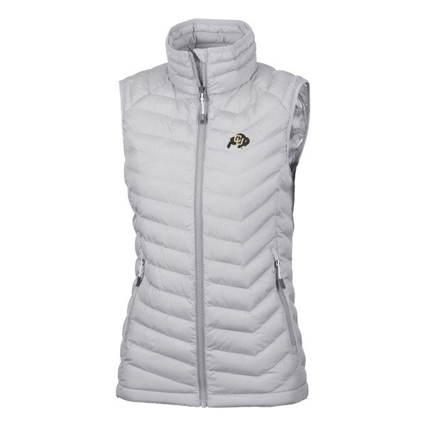 A white Columbia vest with the CU Buffalo logo on the left chest. two zippered pockets, and a zipper down the front.