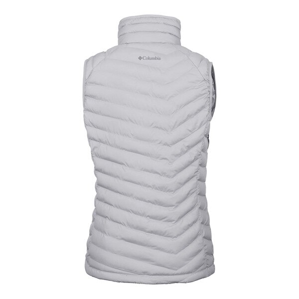 The back of the white vest, featuring "Columbia" and the Columbia logo at the top in gray.
