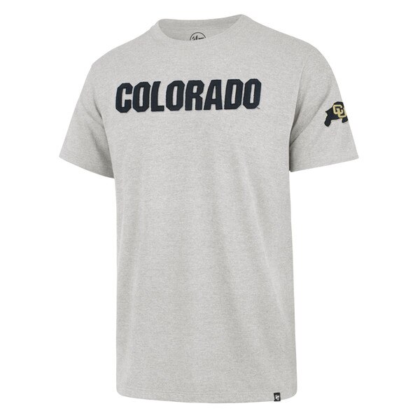 A gray '47 Brand t-shirt with 'Colorado' across chest and CU Buffalo logo on left sleeve.