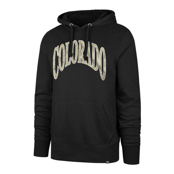 A black hoodie with "Colorado" written in gold block lettering with a white outline across the chest.