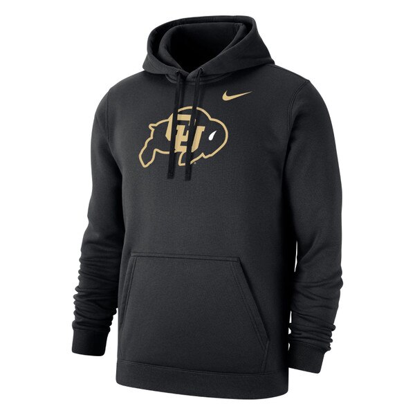 A black hoodie featuring a CU Buffalo logo, with a drawstring hood and a large kanga pocket.