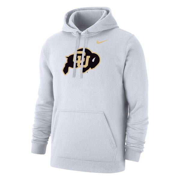 A white hoodie featuring a CU Buffalo logo, with a drawstring hood and a large kanga pocket.