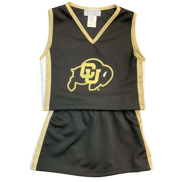 This is a 2-piece children's cheerleading set. The top is a tank top style with the CU Buffalo Logo on the front. The skirt and Top are black and lined with white and gold.