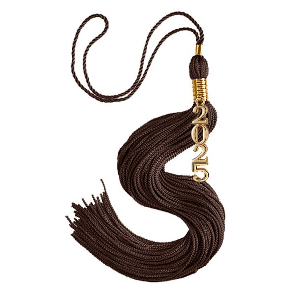 A brown tassel with gold accents and 2025 attached at the top.