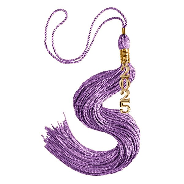 A lavender tassel with gold accents and 2025 attached at the top.