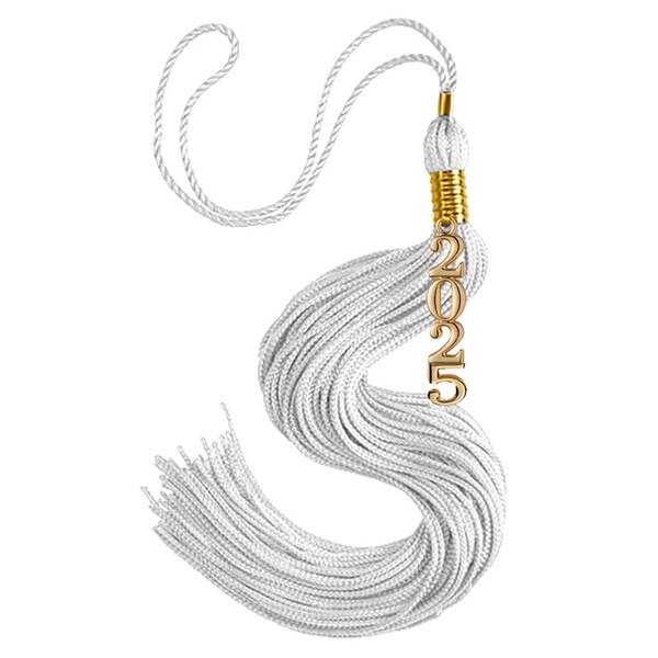 A white tassel with gold accents and 2025 attached at the top.