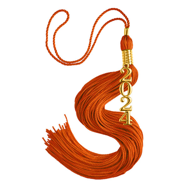 An orange tassel with gold accents and 2024 attached at the top.