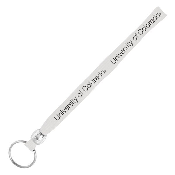 A white key slash wrist strap with "University of Colorado" written in black.