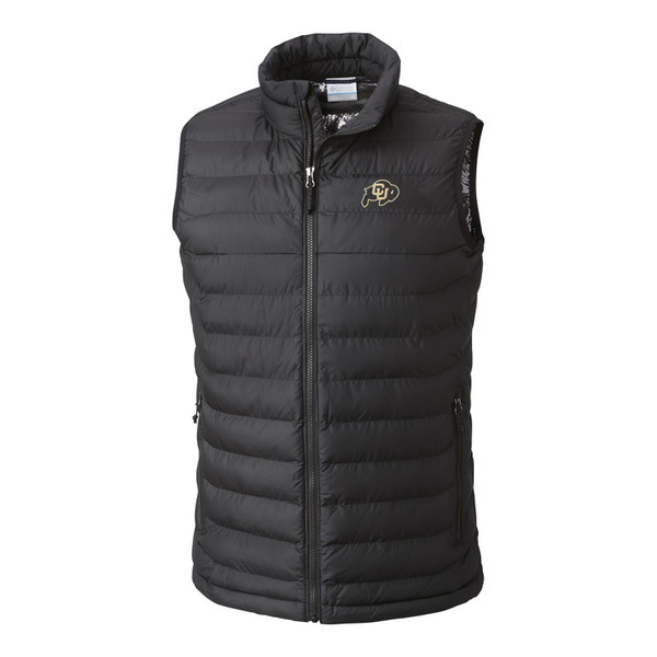 The all black frontside of a Columbia powder lite vest with two side pockets and CU buffalo logo.