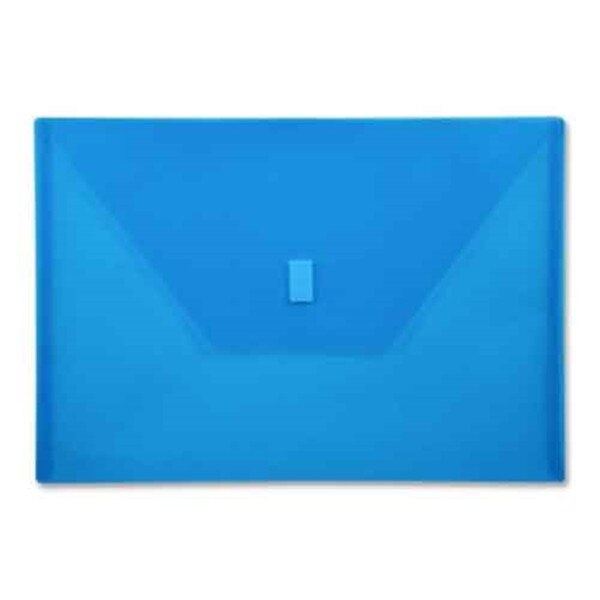 Transparent blue polyenvelope folder with fold over Velcro closure to hold papers and materials.