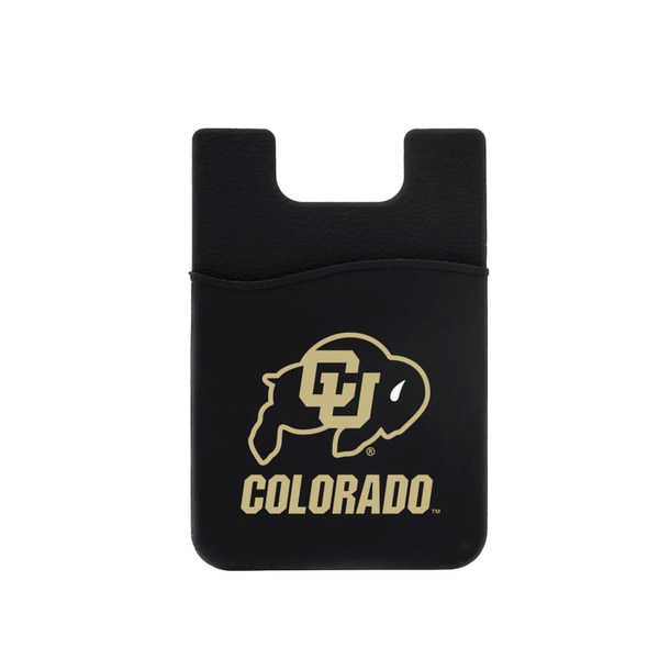 A black phone ID card holder with gold buffalo logo and "COLORADO" underneath.