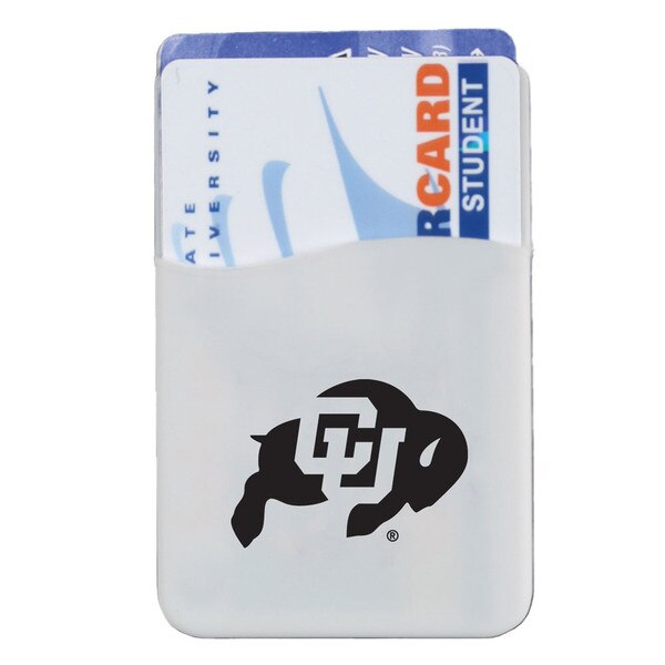 A white phone ID card holder with black buffalo logo.