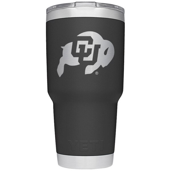 A black Yeti tumbler with the Colorado Buffaloes logo on the front in steel.