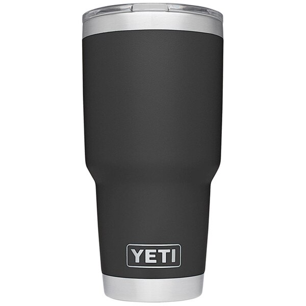 The backside of a black Yeti tumbler with the Yeti logo on the bottom in steel.